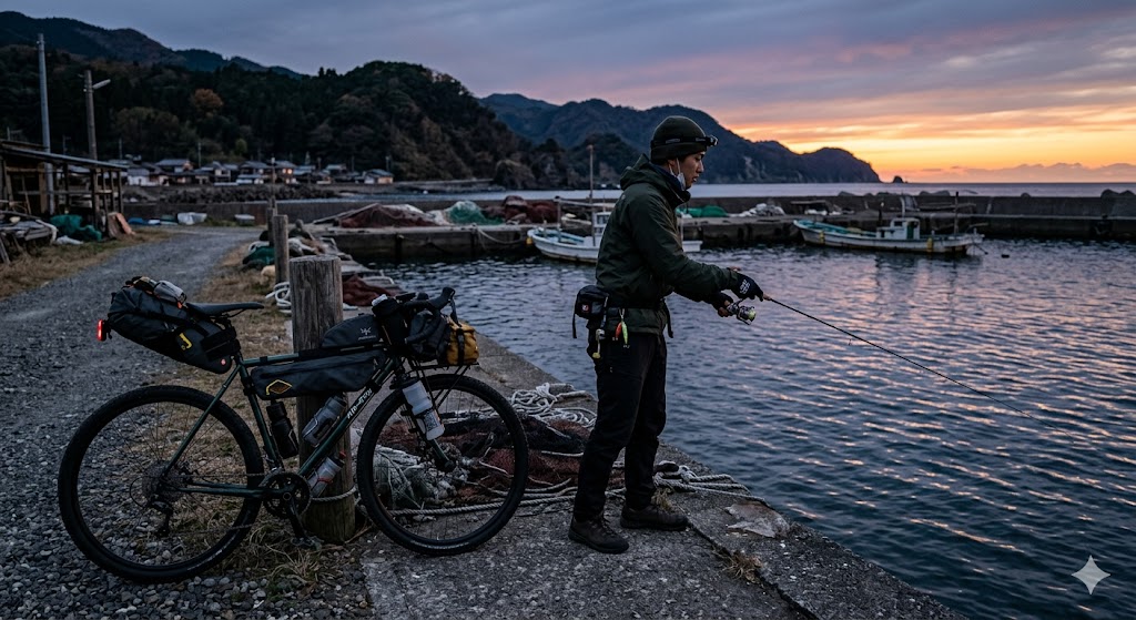 自転車で人気のない漁港に行きアジングをする青年、リアルな実写画像、高画質、ライトな装備、バイクパッキングされたグラベルロードバイク、夕暮れ