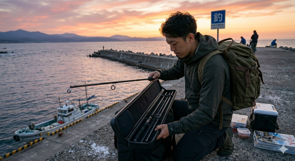 堤防でマルチピースロッドをケースから取り出す釣り人