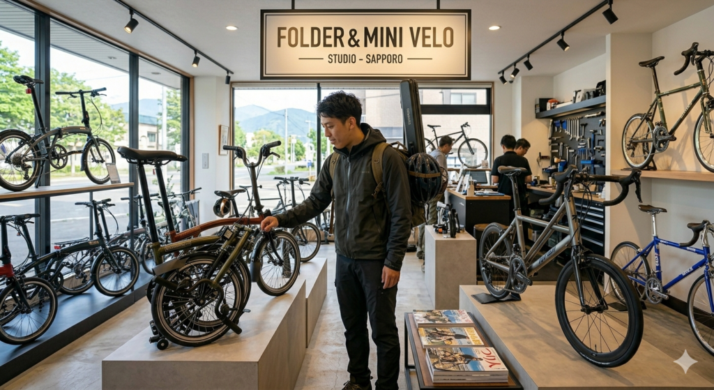 自転車ショップで折りたたみ自転車とミニベロを見比べる男性