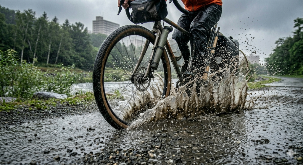 グラベルロードのタイヤが水たまりを水しぶきを上げている