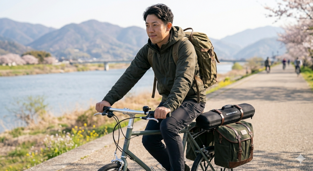 パニアバッグをふたつリアキャリアにつけたミニベロ、フラットバーでハンドルバーを取り付けている、40センチ程度のコンパクトなケースに収納されたマルチピースロッドをリアキャリアの上に固定している、春の日差しが気持ちいい朝、土手の上を走っている