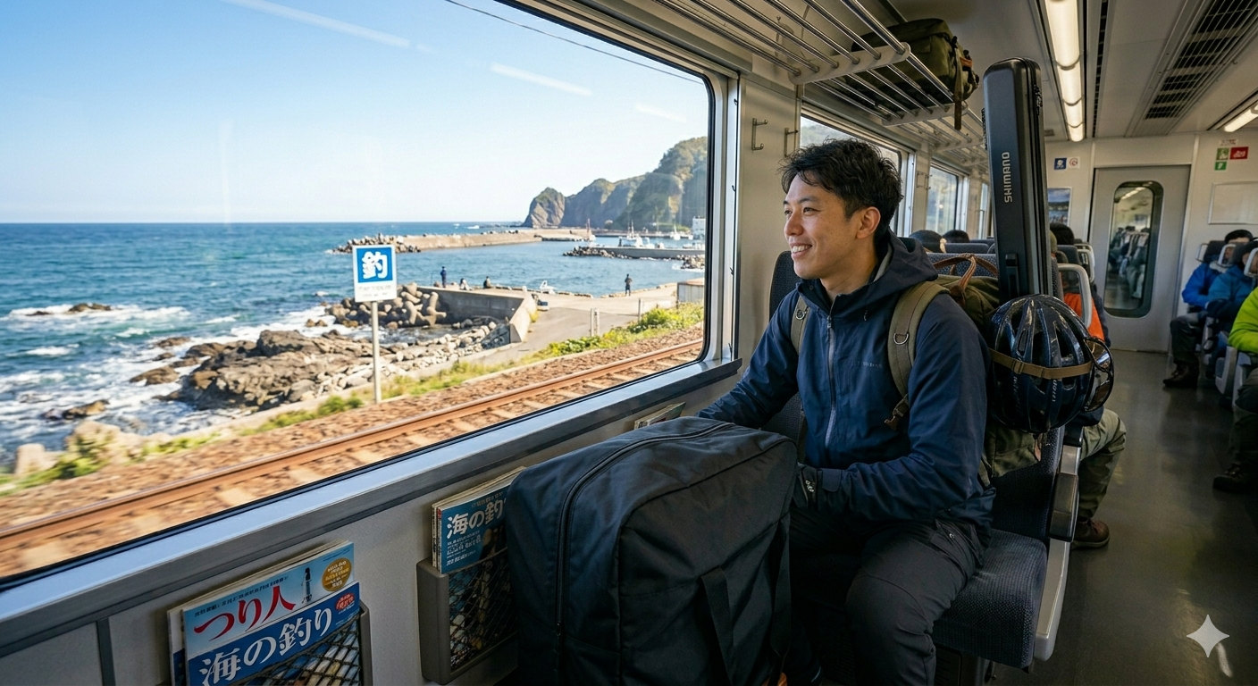 折り畳み自転車で輪行して電車で釣り場に向かう釣り人、海沿いの風景