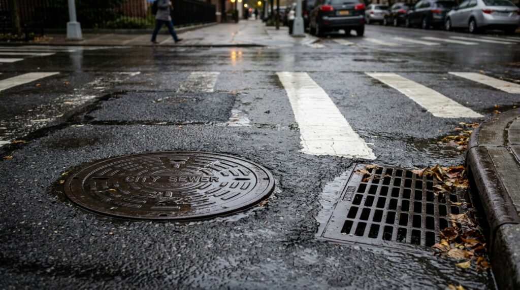 雨で濡れたマンホール・白線・グレーチング_202604181200